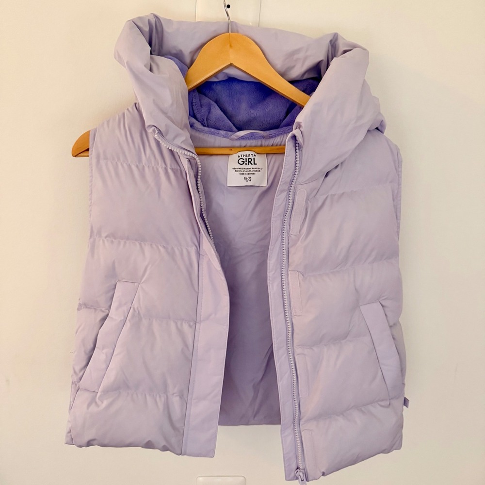 Athleta Girl Lavender Purple Down Puffer Vest Hooded XL 14 Quilted Outerwear